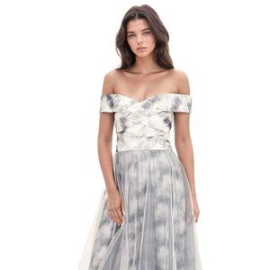 Silver Rene Ruiz Off-Shoulder Tiered A-Line Gown Size 16: Formal, Quinceanera,